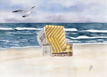 Postkarte DIN-A5  Aquarell Maritim Kunst Druck Kunstdruck Nordsee Insel Langeoog Strandkorb Strand Meer